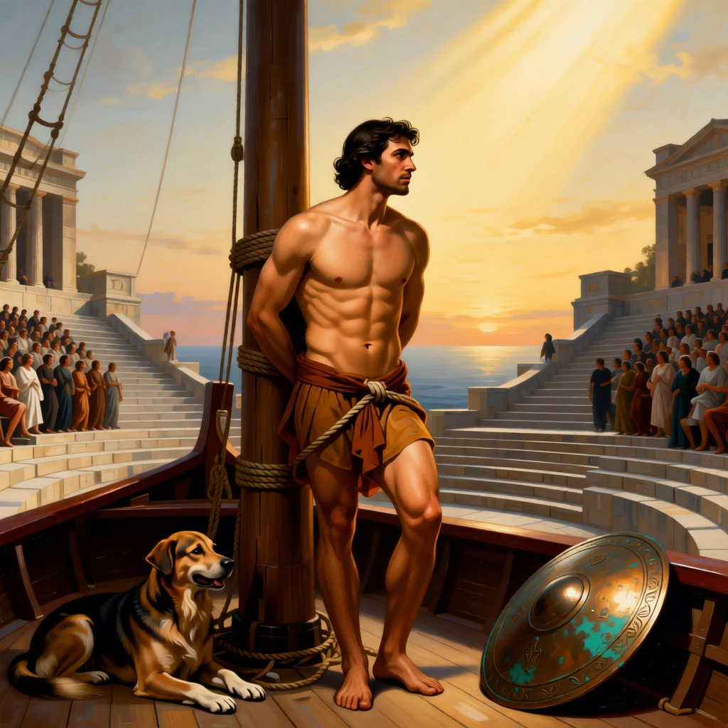 Odysseus resisting the call of the sirens while bound to the mast just as the crowd falls silent in awe, set on the steps of a grand amphitheater filled with spectators, with a faithful hound and a fallen shield resting nearby; the horizon splits the scene between earthly struggle and divine light, capturing the timeless clash of glory and mortality.