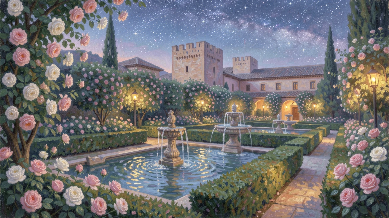 The Alhambra palace gardens in Granada, fountains trickling among manicured hedges and blooming roses, under a canopy of stars.