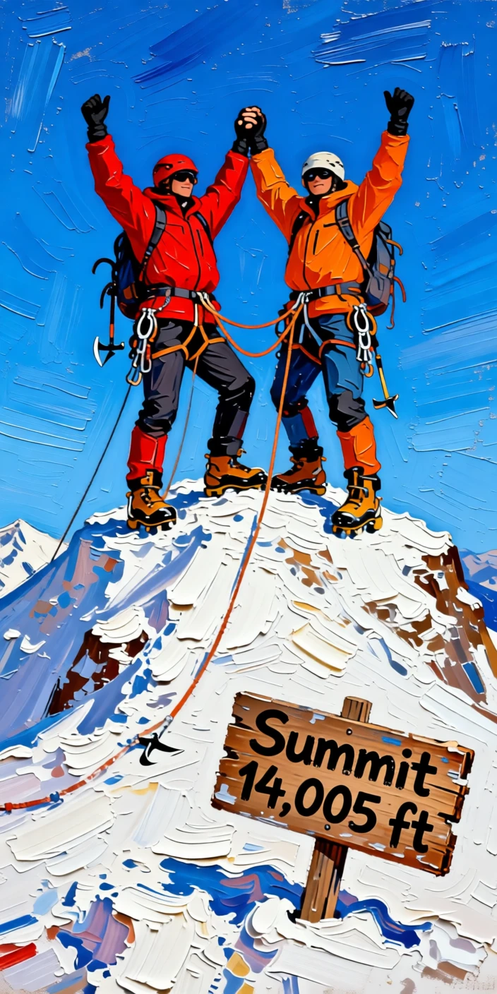 A pair of climbers reaching a snowy summit together, arms raised against a brilliant blue sky