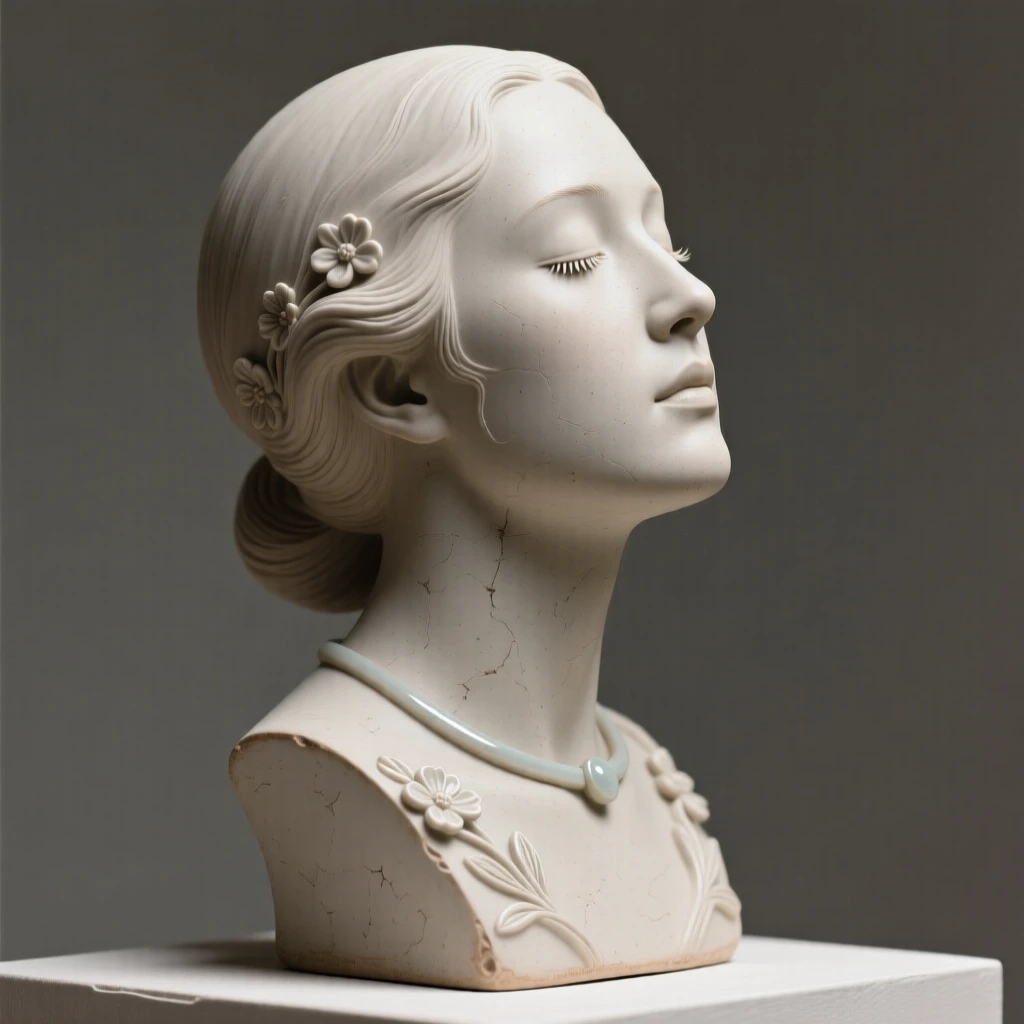 A graceful bust of a serene woman's profile presented in a poised, gallery-ready stance, highlighted by delicate embellishments, stirring a sense of understated opulence.