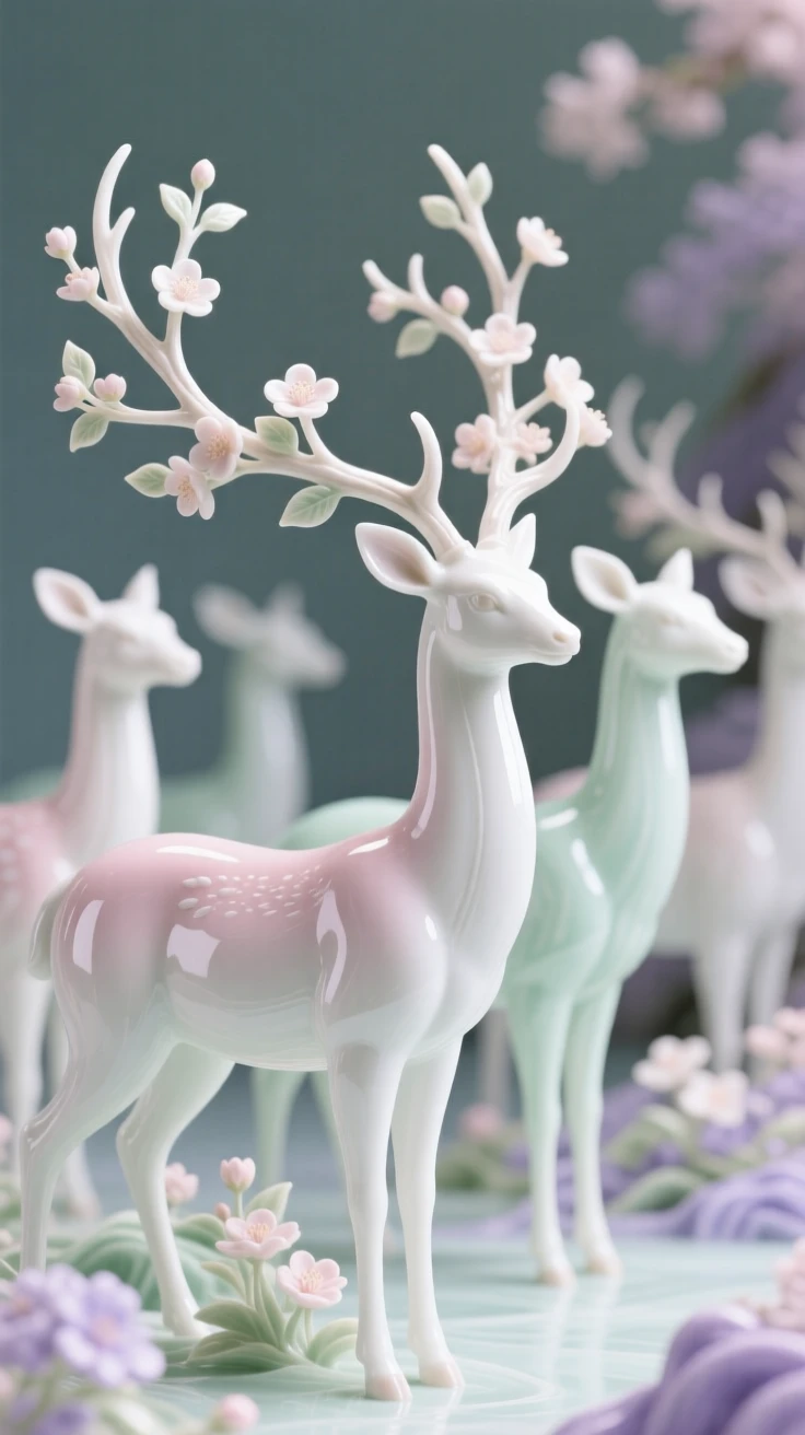 A dreamlike scene of a herd of deer with antlers made of blooming branches, blending quiet realism with pure wonder.