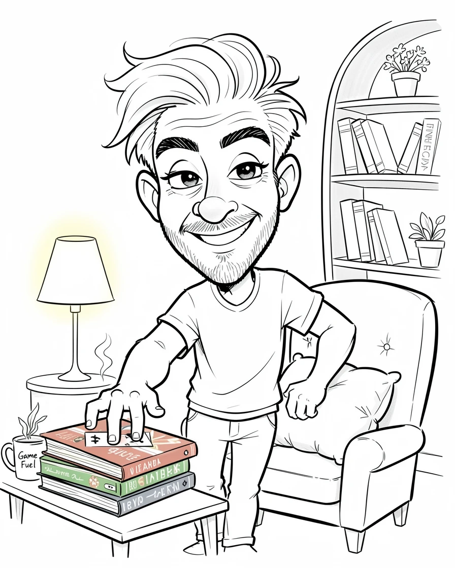 [Trending & Universal Topics] Modern lifestyle scene of a laid-back board game host setting up a cozy reading nook, capturing everyday joy