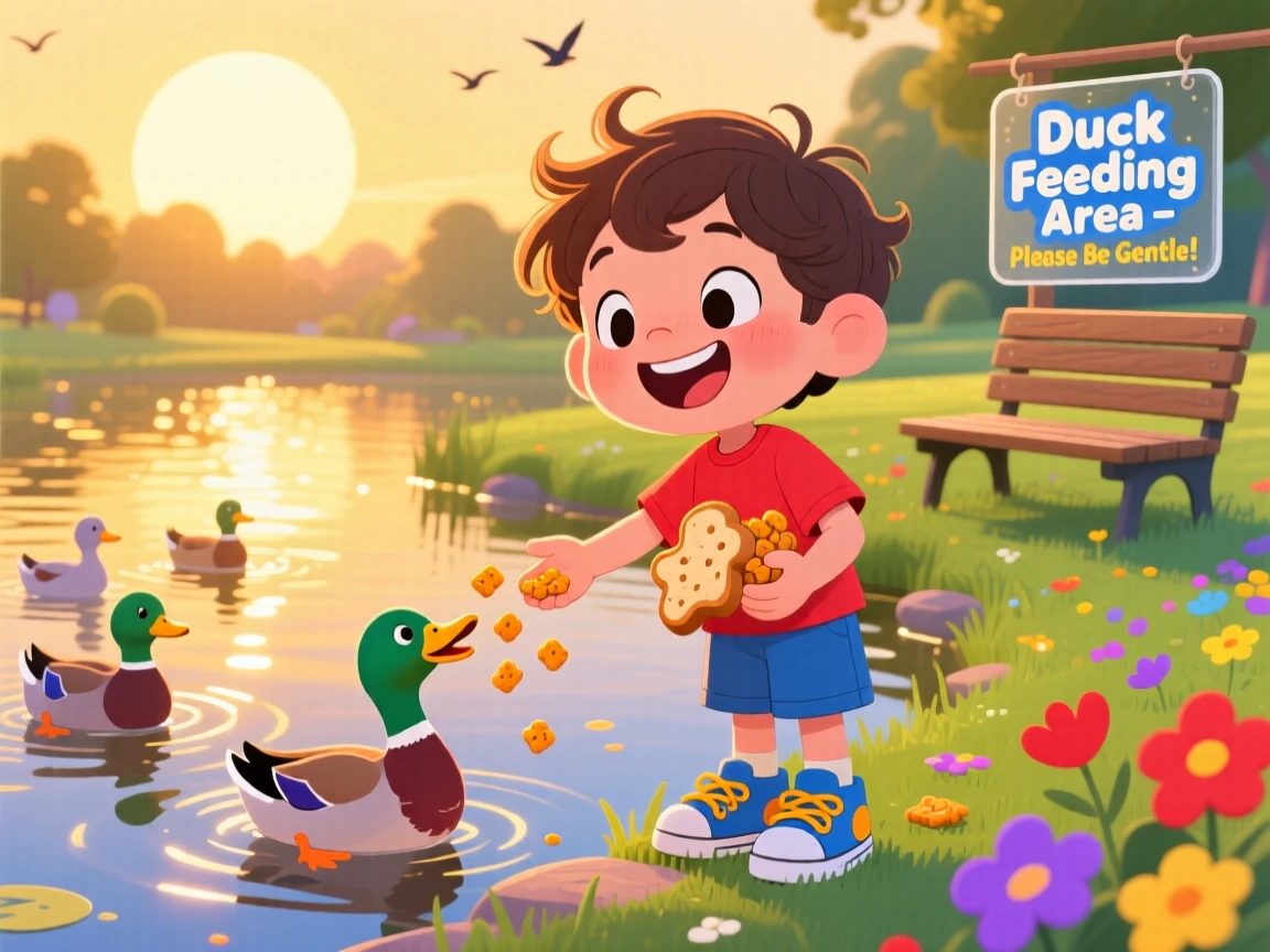 A child feeding ducks at a park pond on a golden afternoon.
