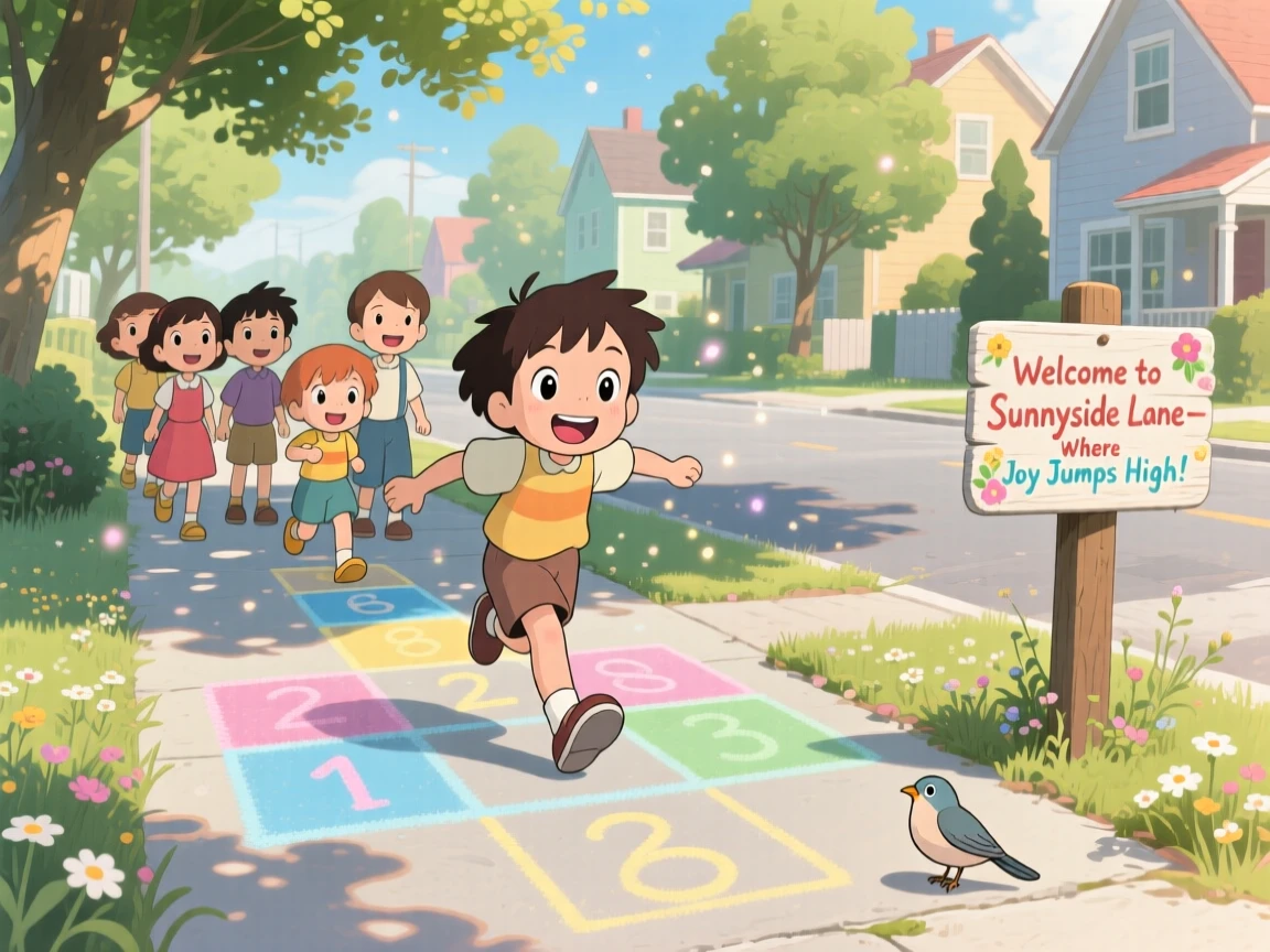 Kids playing hopscotch on a chalk-drawn sidewalk, the moment carefree and joyful.