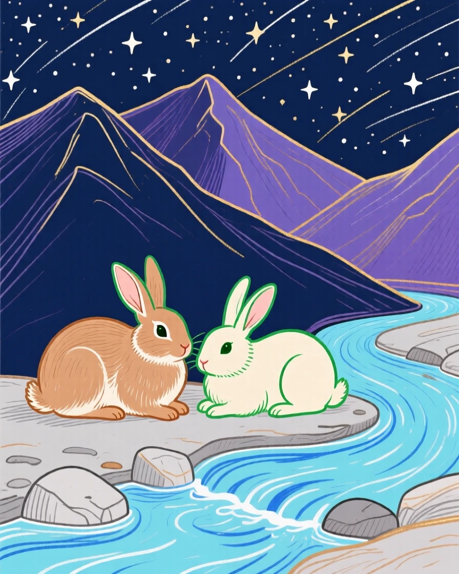 A pair of rabbits resting beside a mountain stream under a clear starry sky.