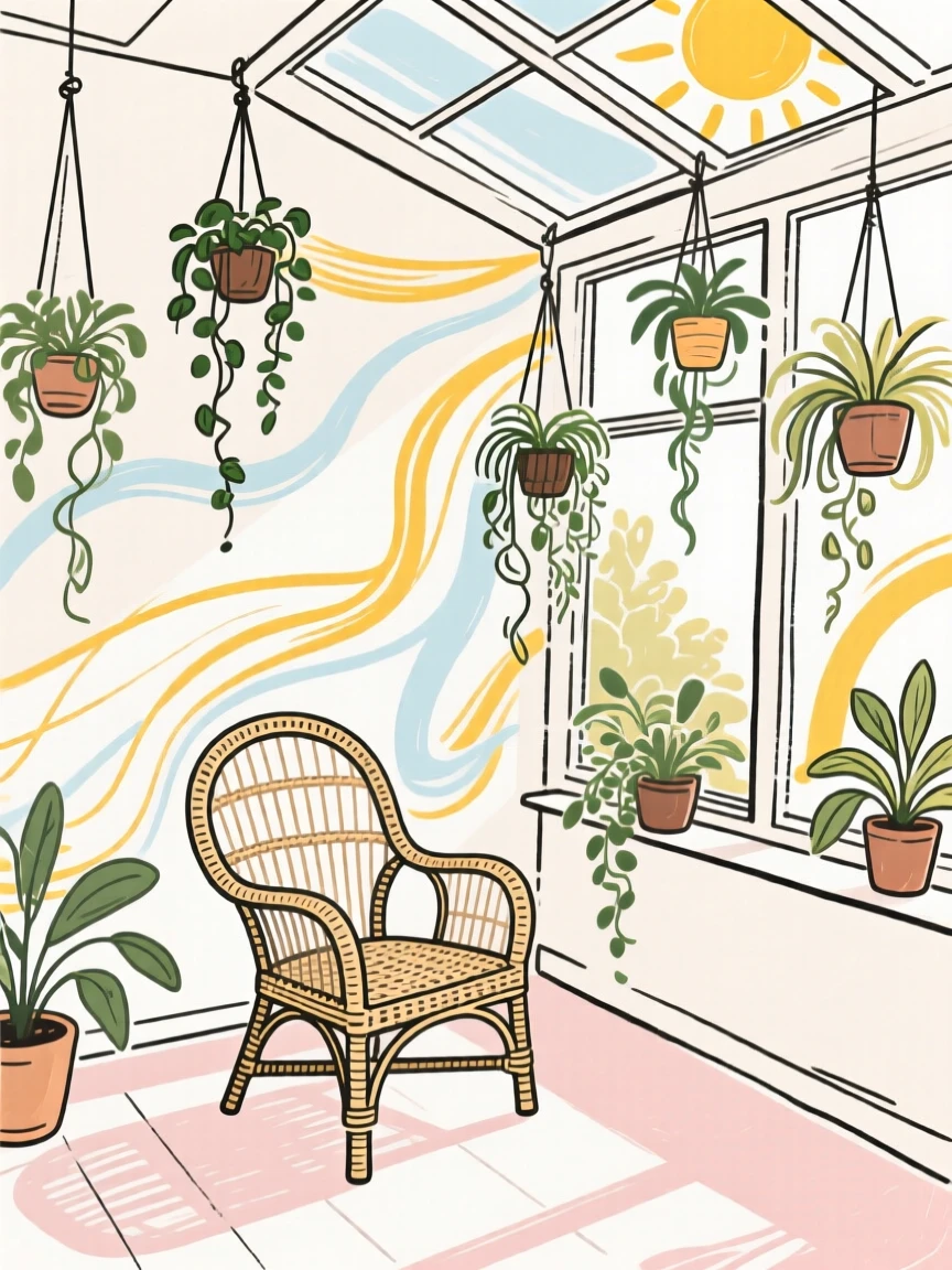 A sunroom filled with hanging plants and a comfortable wicker chair.
