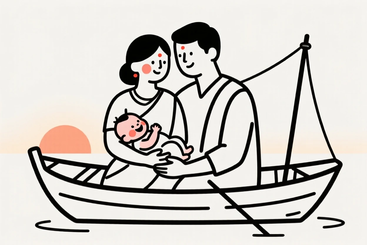 A newborn with parents of Indian heritage, grinning mischievously, on a fishing boat at dawn.
