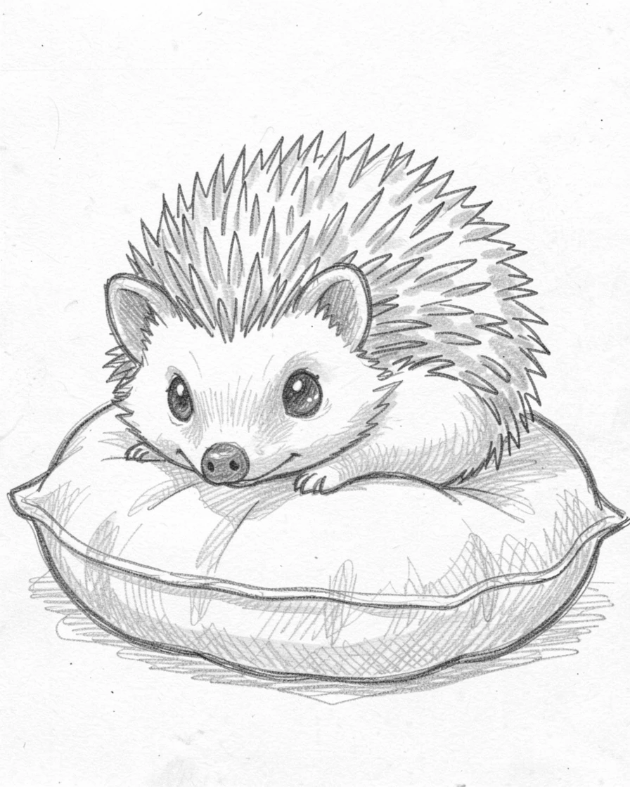 An irresistibly cute scene of a hedgehog curled into a tiny ball curled up on a plush pillow, with big, curious eyes.