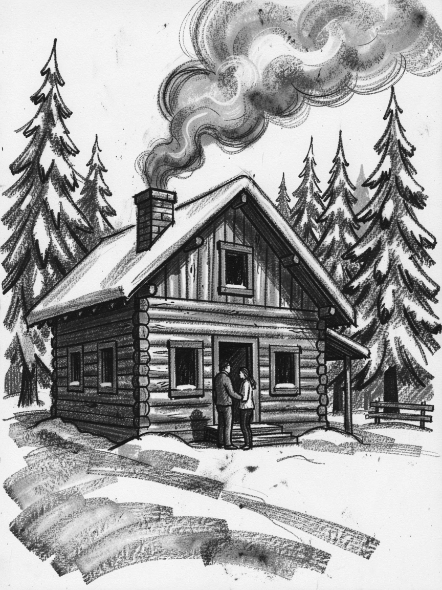 A snowy mountain cabin with smoke curling from the chimney, in a moment of quiet togetherness.