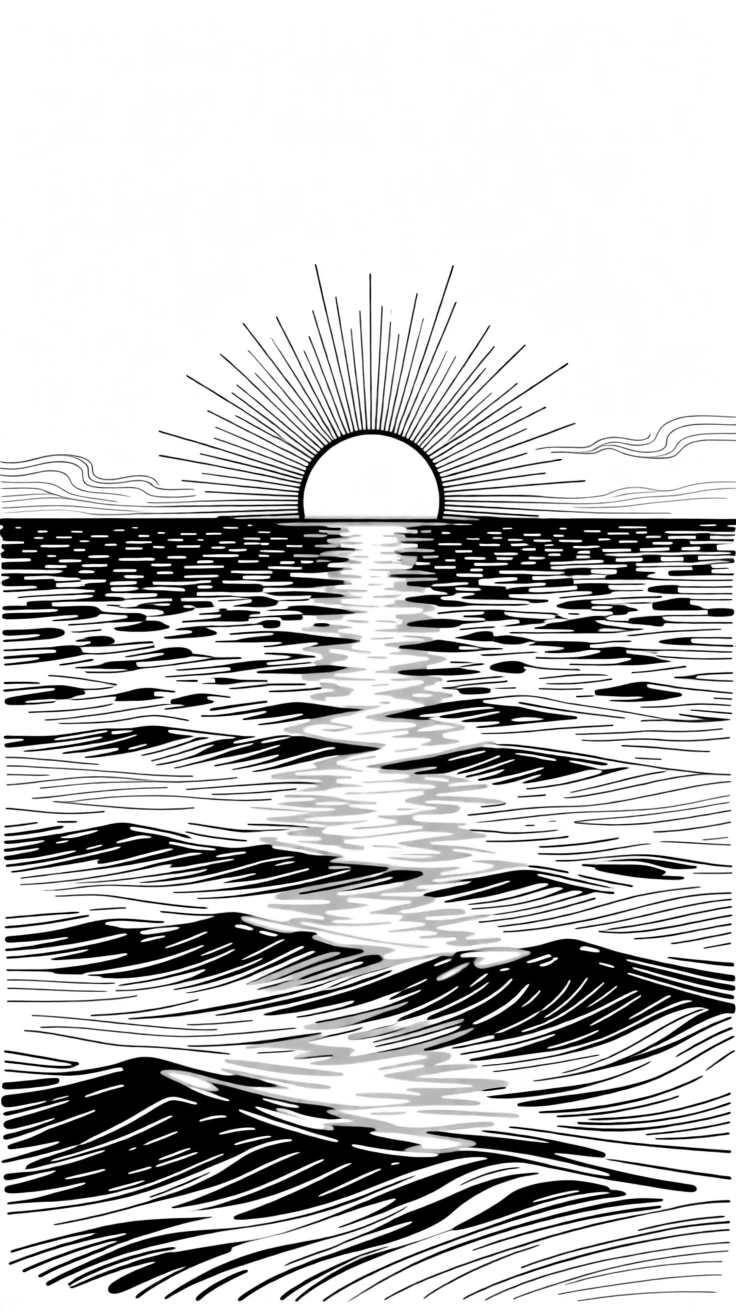 A glowing sunrise breaking over the ocean horizon, casting a golden path across the water.