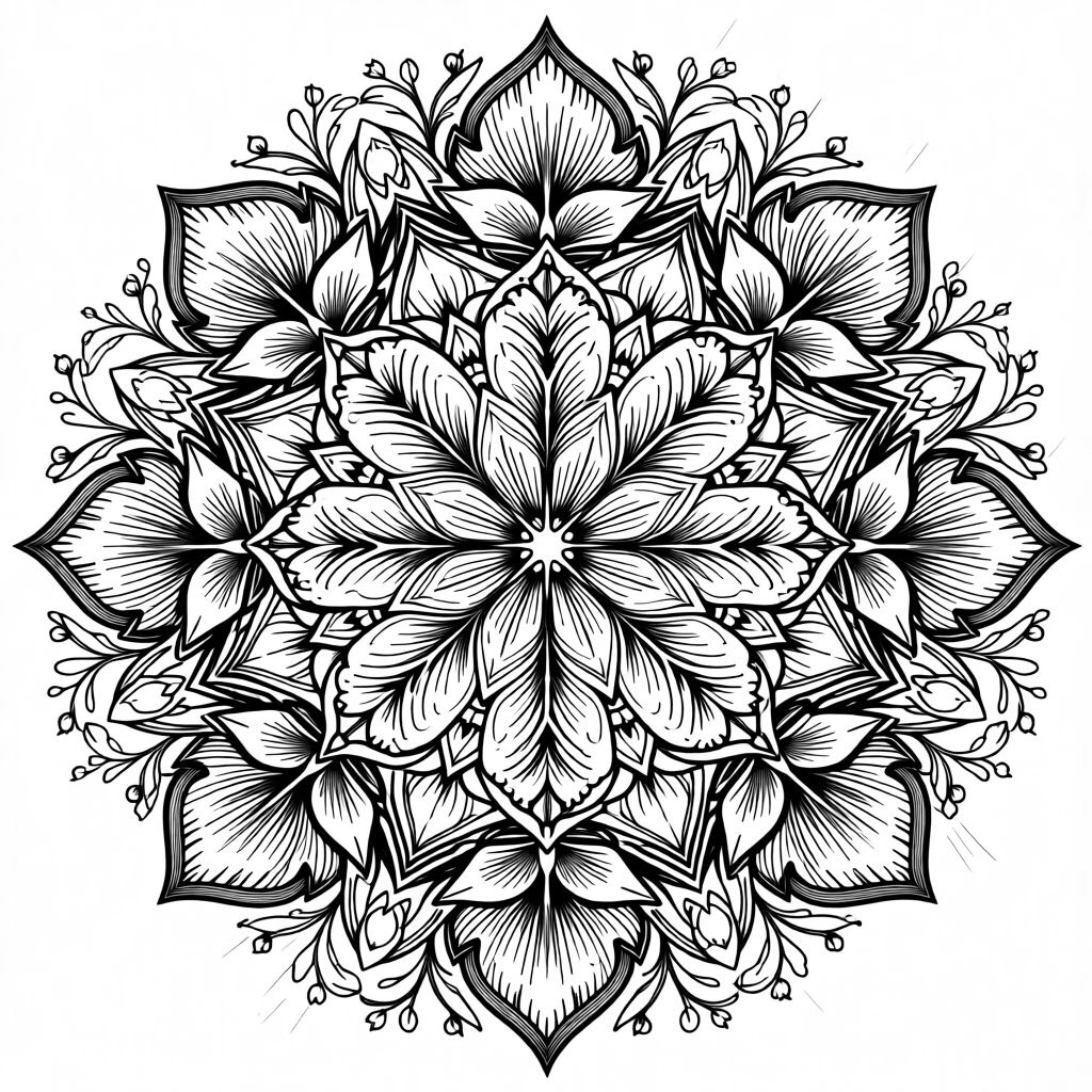 A mandala of interlocking floral shapes composed as a balanced repeating pattern, with tiny botanical elements woven throughout, forming a gracefully composed decorative composition.