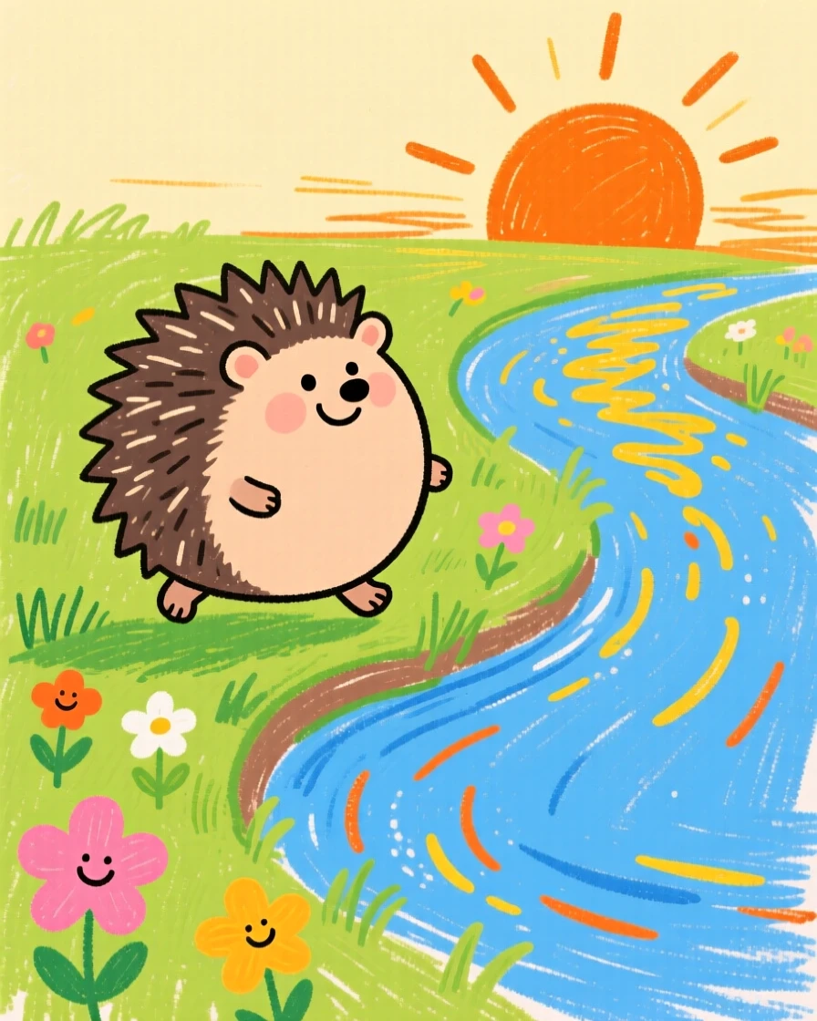 A round hedgehog pup waddling along a riverbank at sunrise.