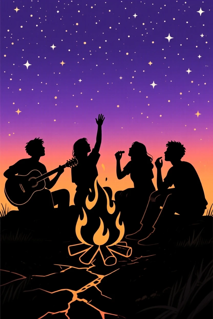 A group of friends singing together around a crackling campfire under the stars.