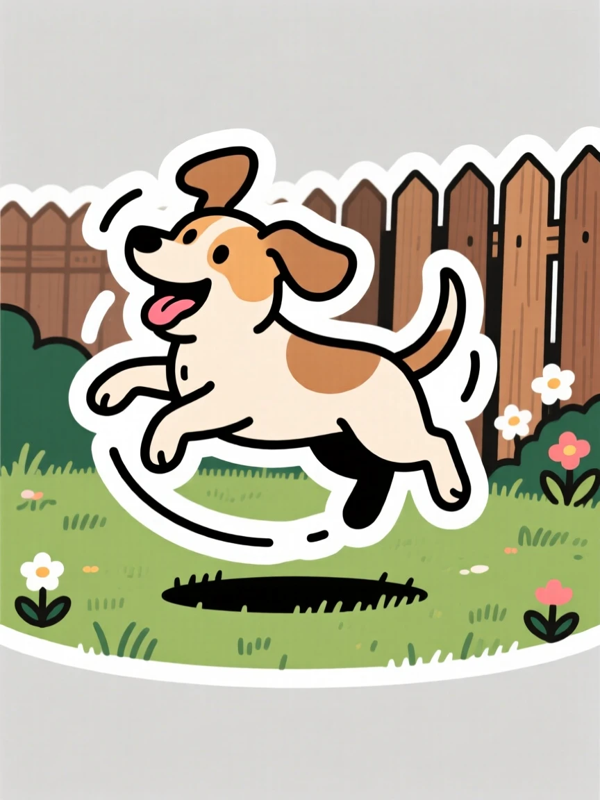 An irresistibly wholesome dog doing a happy zoomie spin in a backyard, radiating pure comfort and joy, the kind of wholesome scene that brightens a day.