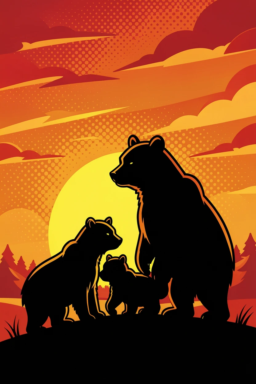 A mother bear and her cubs silhouetted against a hazy sunset