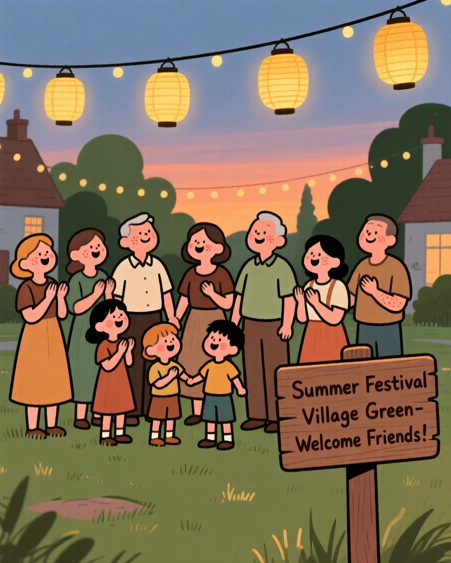 A community gathers in the village green for a summer festival, singing old songs beneath strings of glowing lanterns as evening falls.
