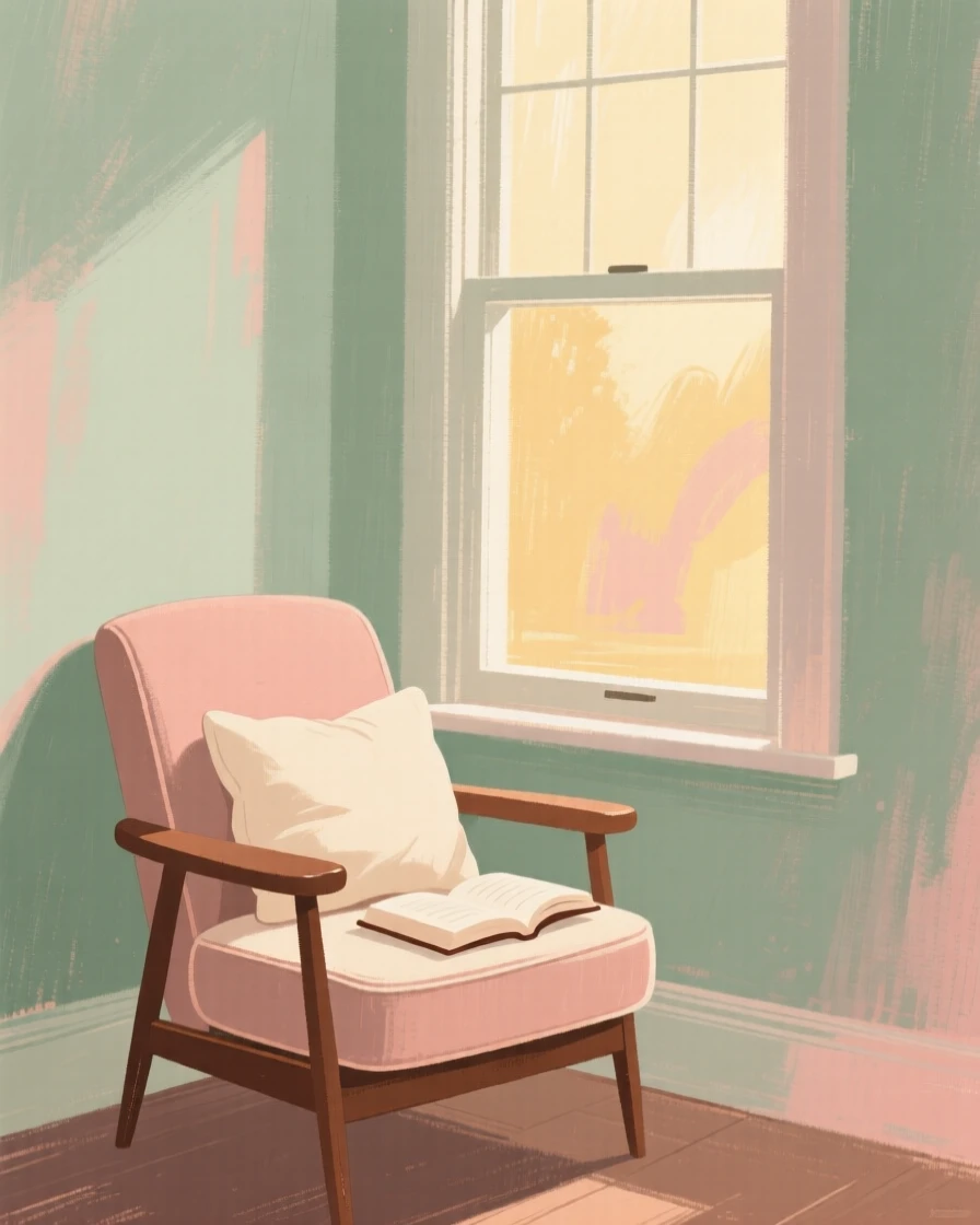 A quiet reading nook with a cushioned chair beside a tall window
