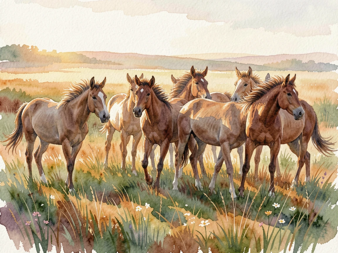 A herd of wild mustangs in a sunlit meadow with its ears perked up.