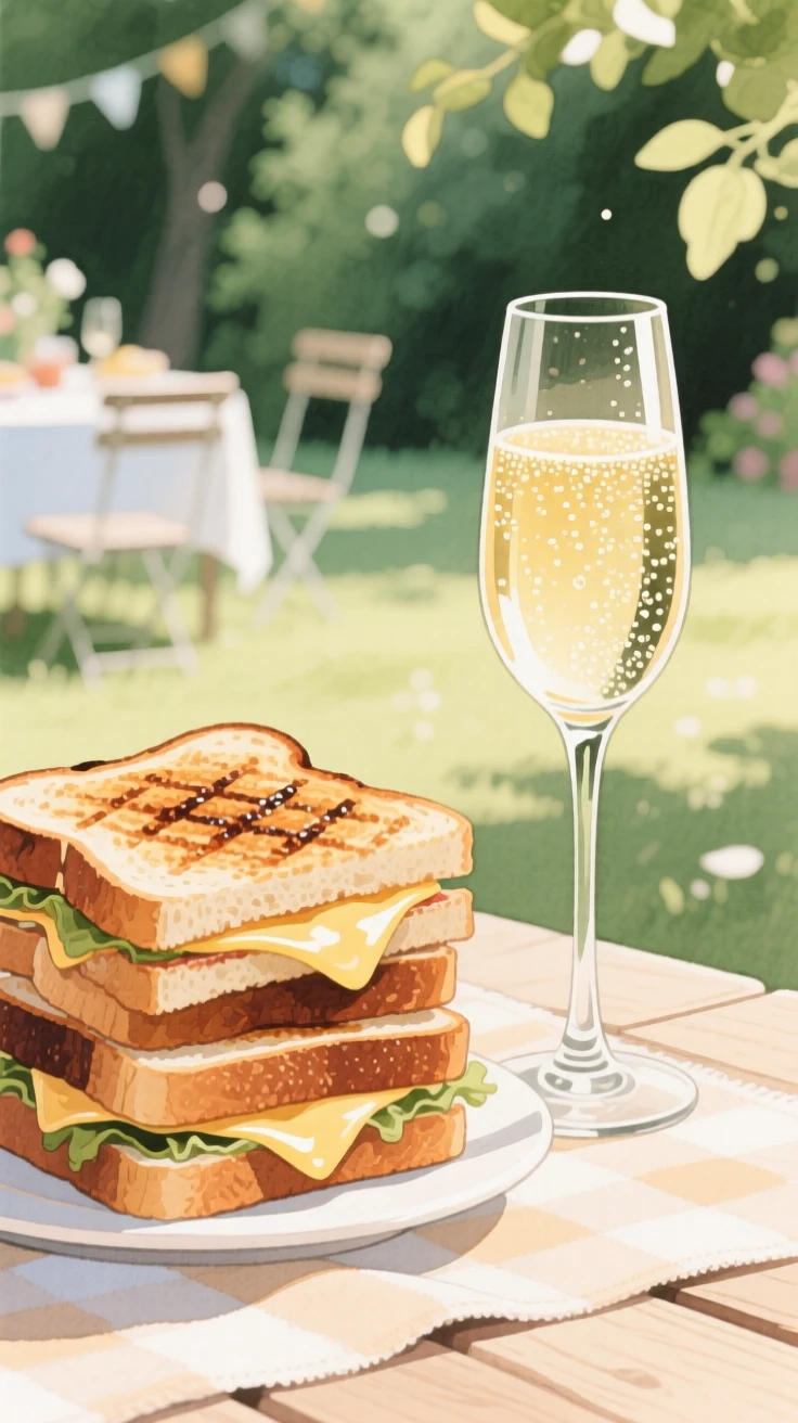 A stack of grilled sandwiches sits beside a glass of sparkling wine at an outdoor garden party, arranged beautifully for a delightful meal