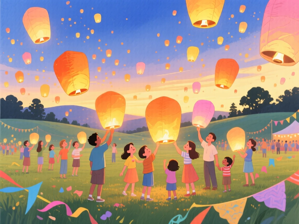 A community lighting sky lanterns during a summer festival, in a field glowing with hundreds of floating lanterns at dusk, with ribbons and paper decorations fluttering in the breeze, evoking collective hope and celebration.