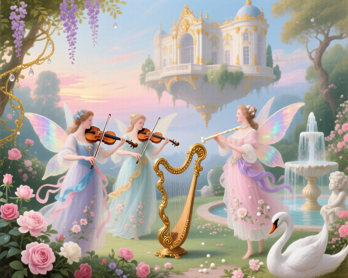 A fairy orchestra playing as dawn rises over a floating palace garden  
