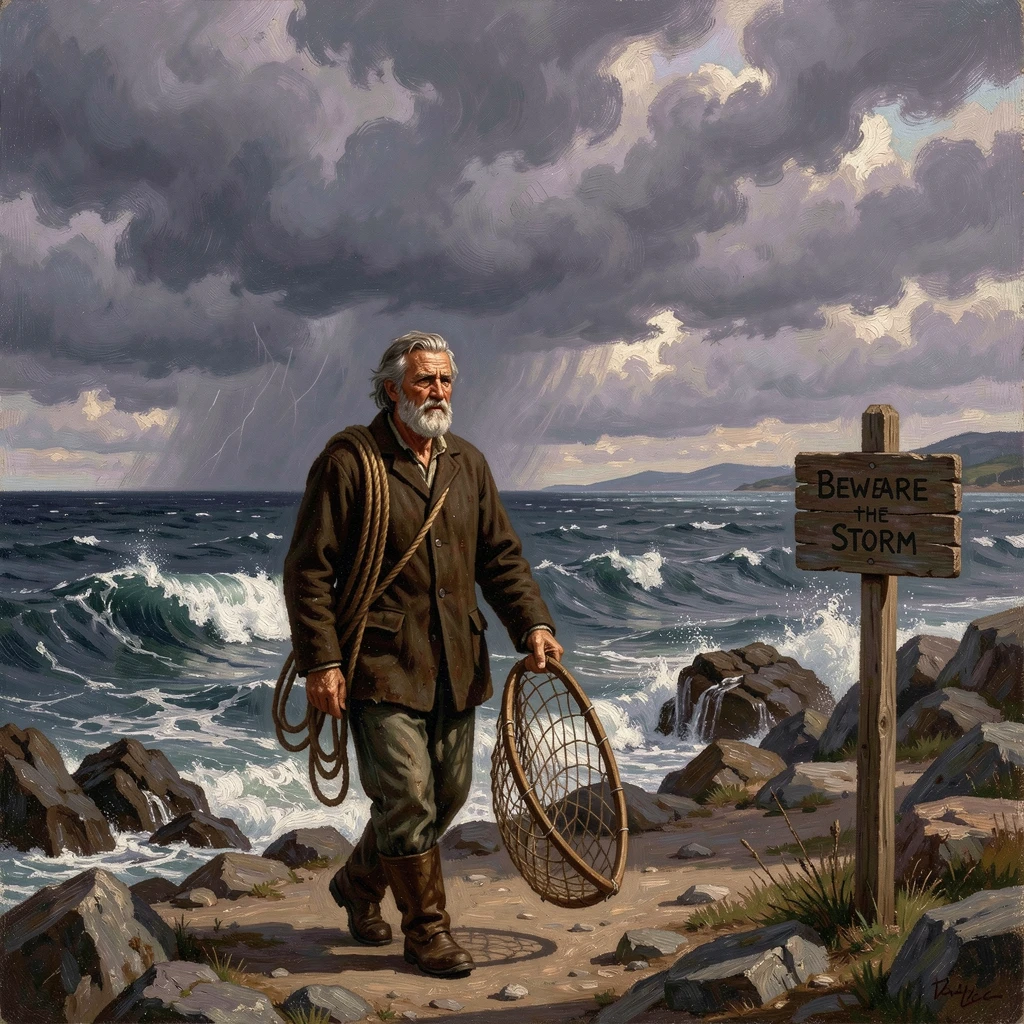A weathered fisherman walks the length of an open sea churning beneath grey clouds beneath a sky heavy with storm.