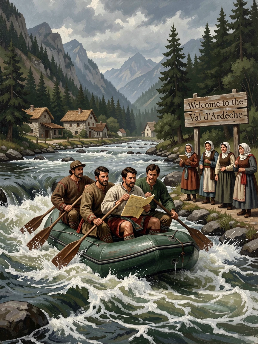 A group of adventurers white-water rafting through a churning mountain river, with authentic local culture and scenery woven throughout, capturing the excitement, freedom, and wonder of travel