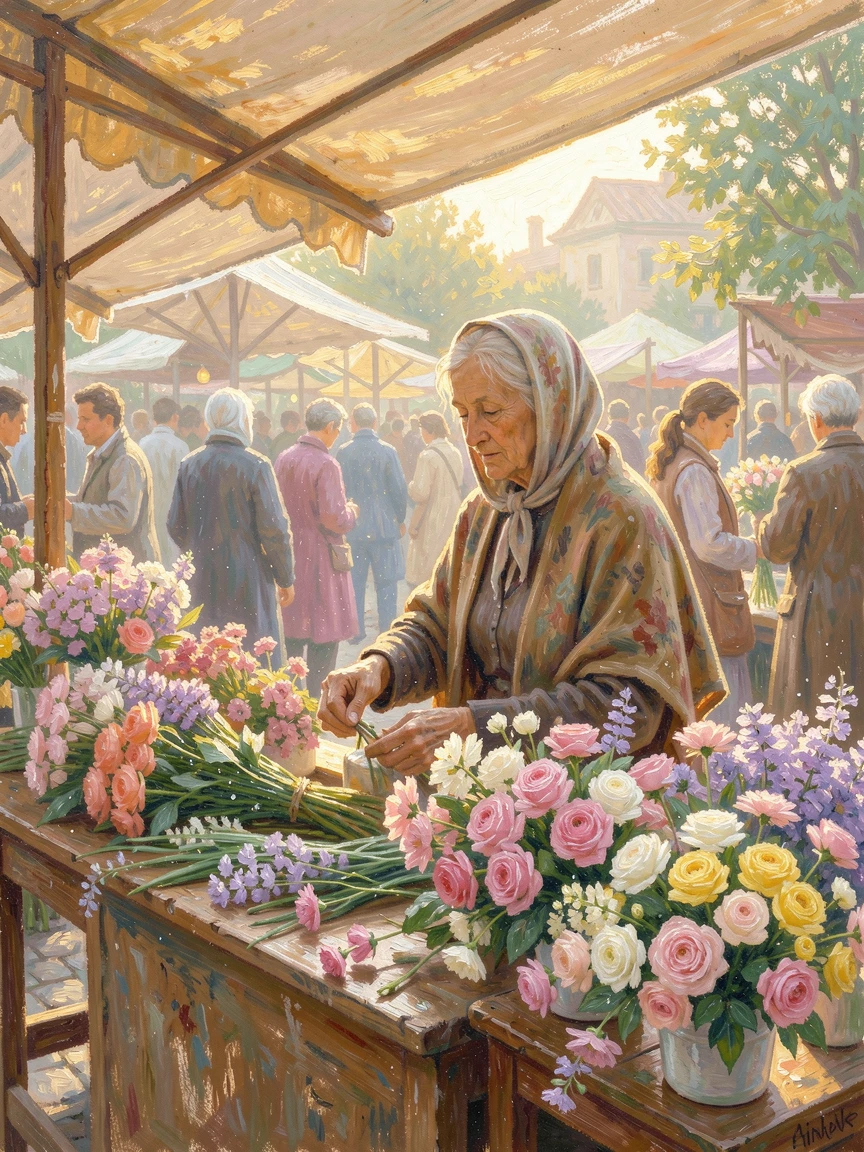 An old woman selling flowers at a bustling market stall, her weathered hands arranging fresh bouquets, as the first light of dawn breaks.