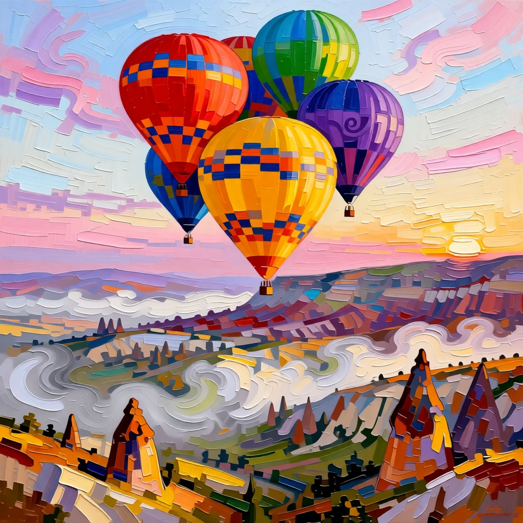 A cluster of colorful hot air balloons rising together over the misty hills of Cappadocia