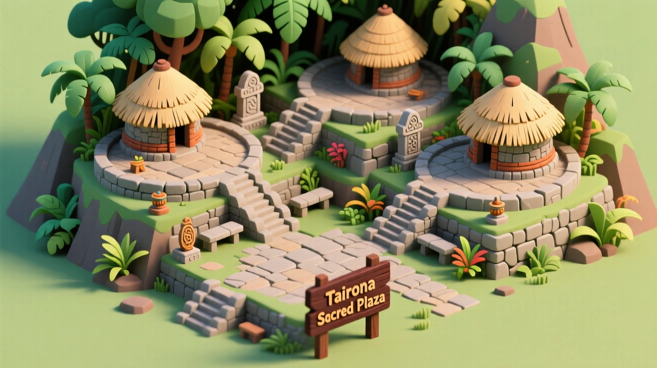 An ancient Tairona mountain city terraced into the jungle, stone pathways connecting circular plazas beneath the canopy.