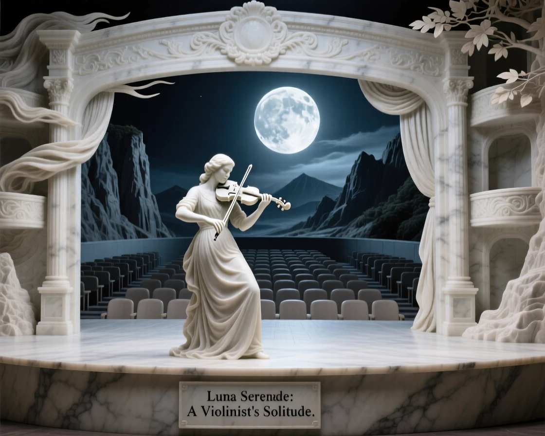 An evocative depiction of a violinist performing for an empty, moonlit theater, framed by dramatic natural scenery, balancing detail with emotional depth