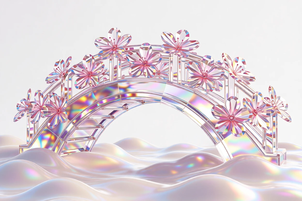 A dreamlike garden bridge made of blooming cherry blossoms crossing a sea of clouds.