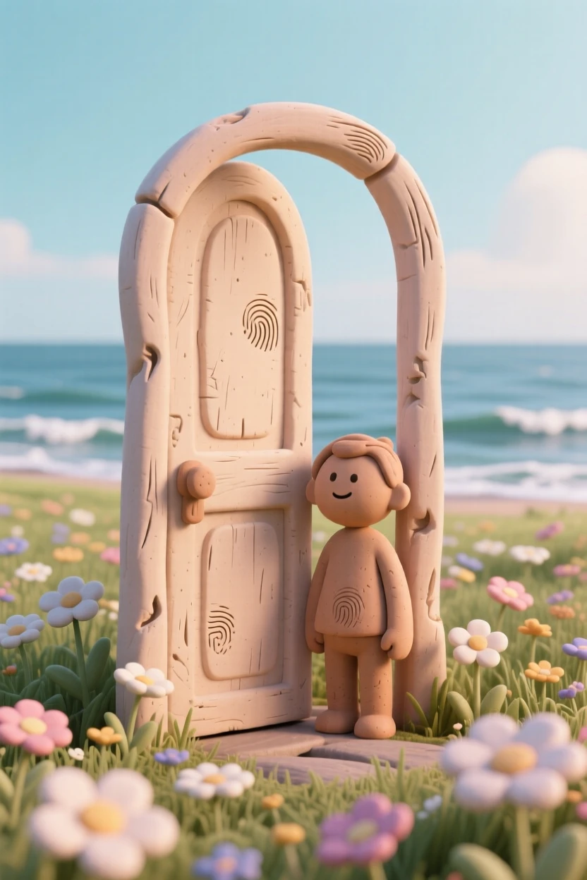 A door standing alone in a wildflower field, opening onto the sea