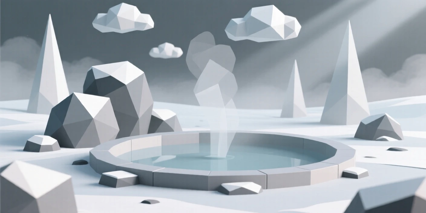 A hot spring surrounded by snow-dusted rocks, with mist rolling gently across the ground. soft light rays break through scattered clouds. The view feels timeless and untouched.