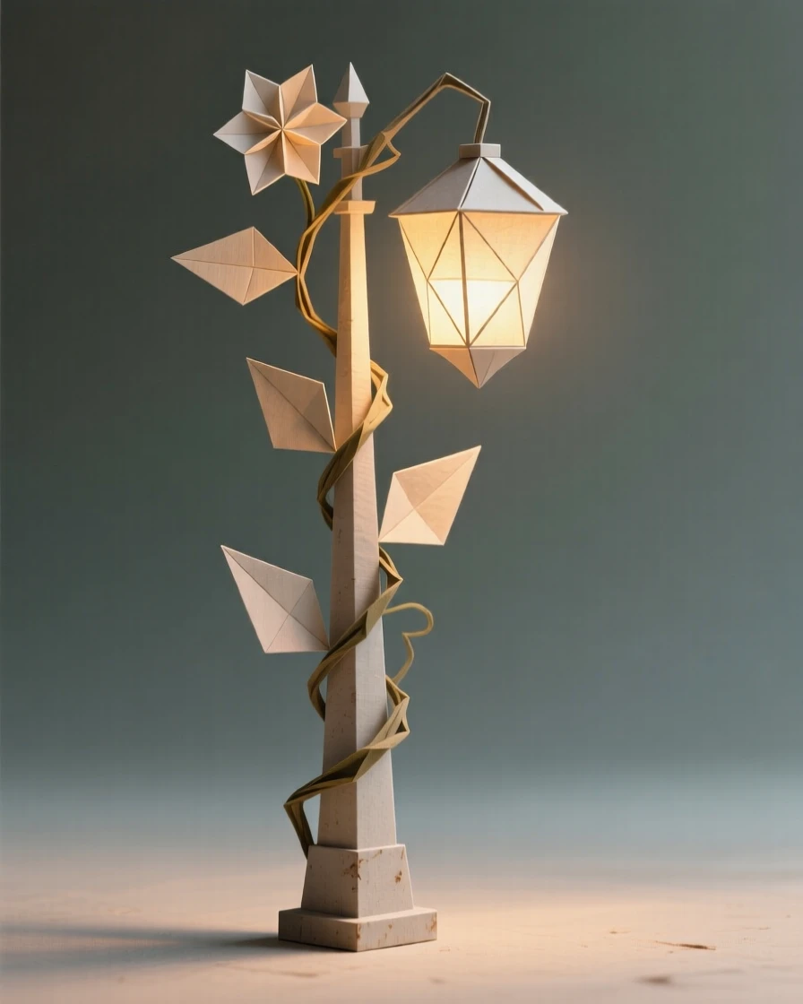 A single vine growing up a lamppost and blooming into the shape of a glowing lantern.