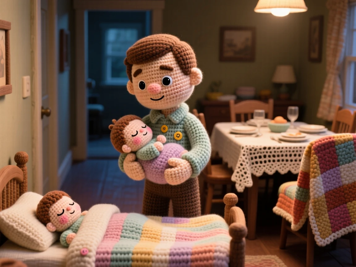 a father carrying his sleeping child to bed after a long day, moving quietly through a dim hallway, is captured tucking them in with a soft blanket in a warm dining room set for a family gathering beside a warm quilt draped over a nearby chair, showing warm nostalgia and gentle family tradition.