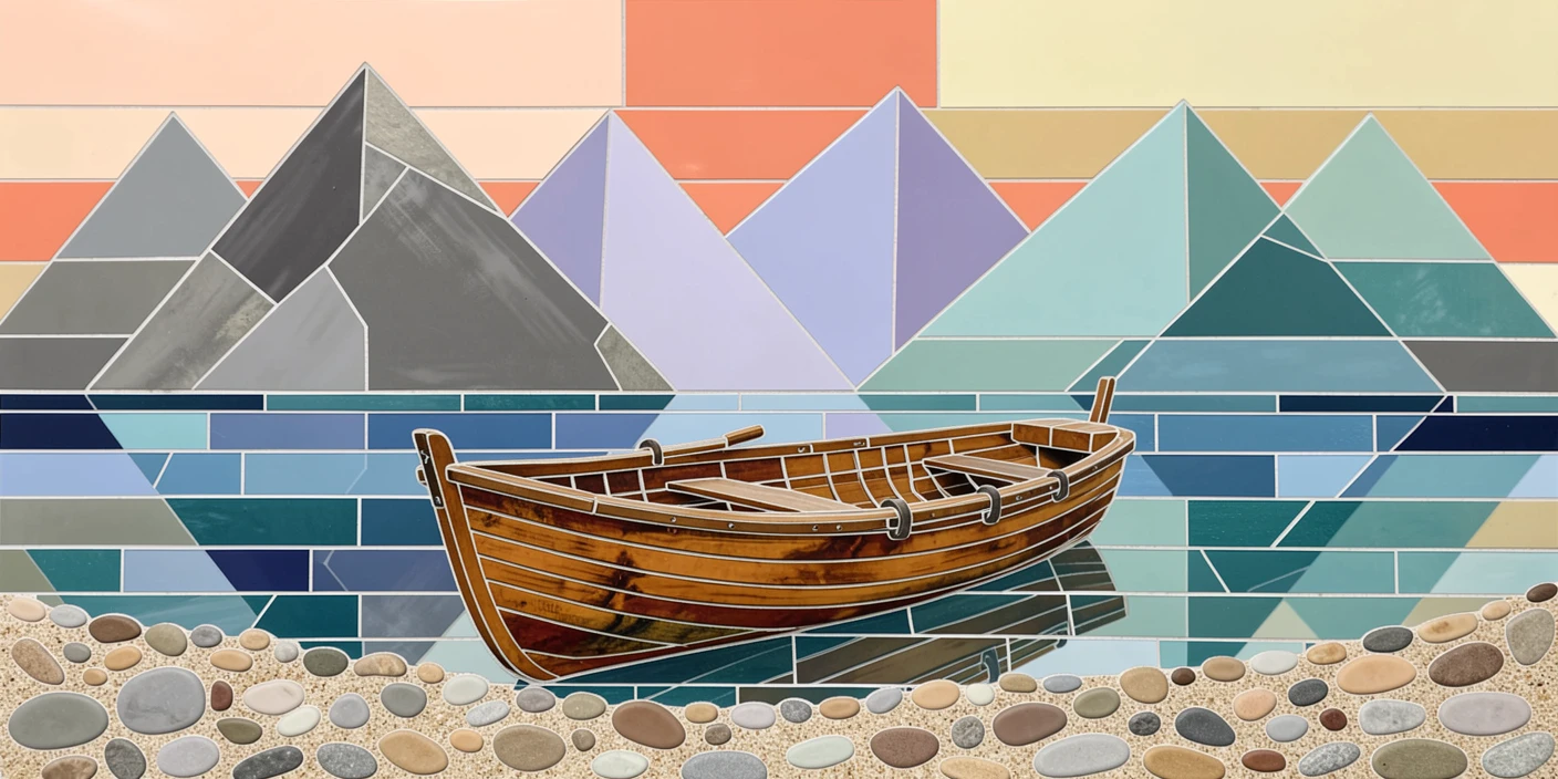A rustic wooden rowboat resting on the shore of a still mountain lake.