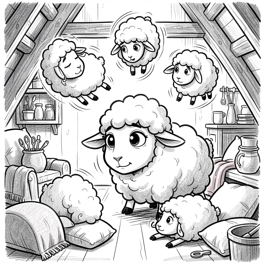 A sheep counting other sheep to fall asleep in a cozy attic workshop.