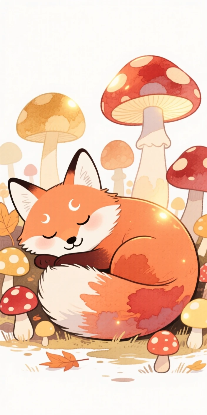 A whimsical scene of a fox curled asleep among glowing autumn mushrooms