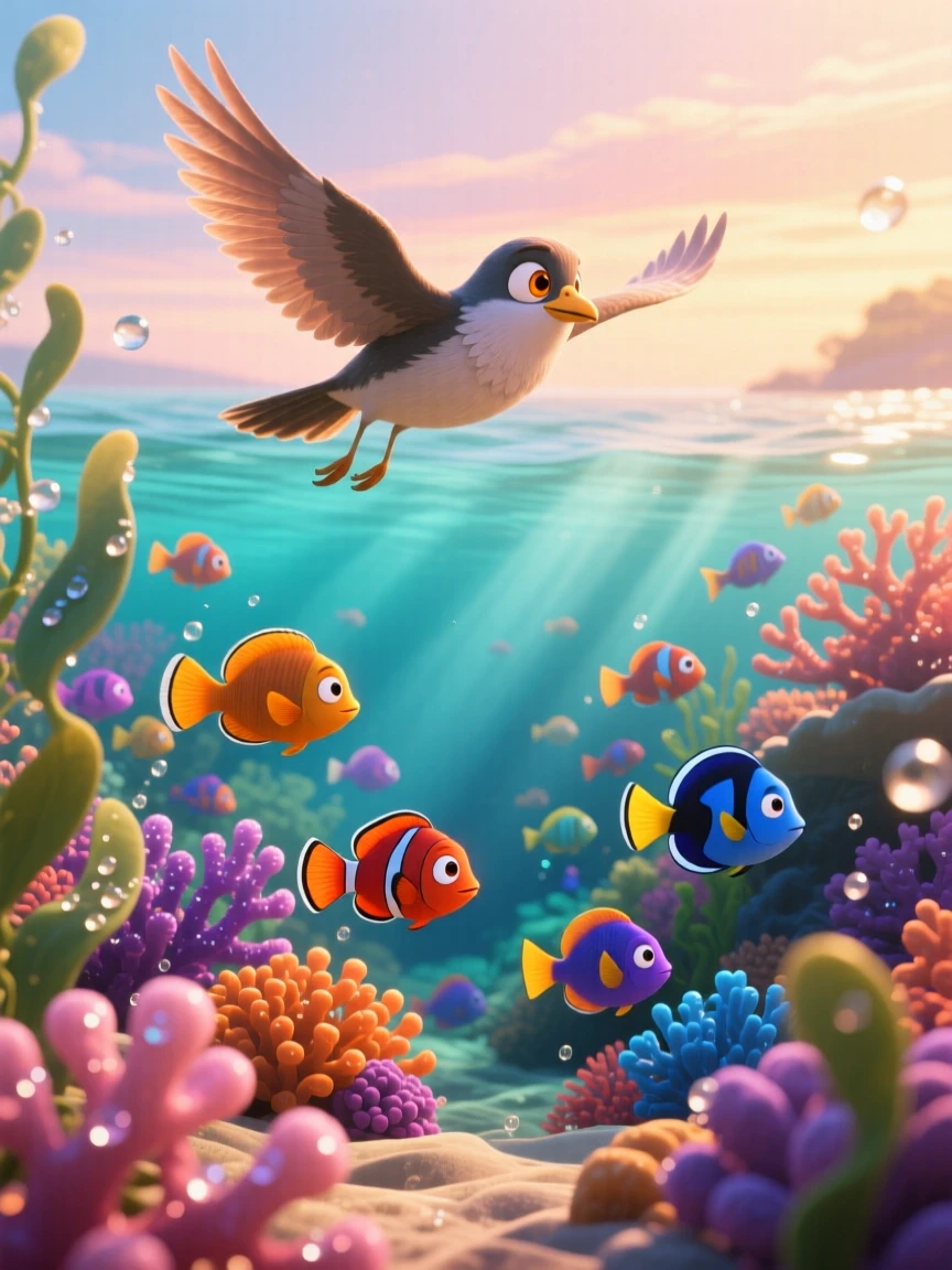 A coral reef teeming with fish glows as morning dew clings to every leaf and petal, with a lone bird gliding silently overhead. A calming stillness settles over the landscape.