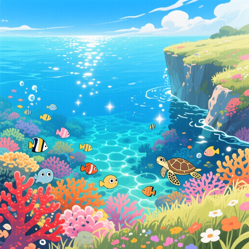 A stunning view of a coral reef glimpsed beneath crystal-clear water, seen from high above, sweeping and vast.
