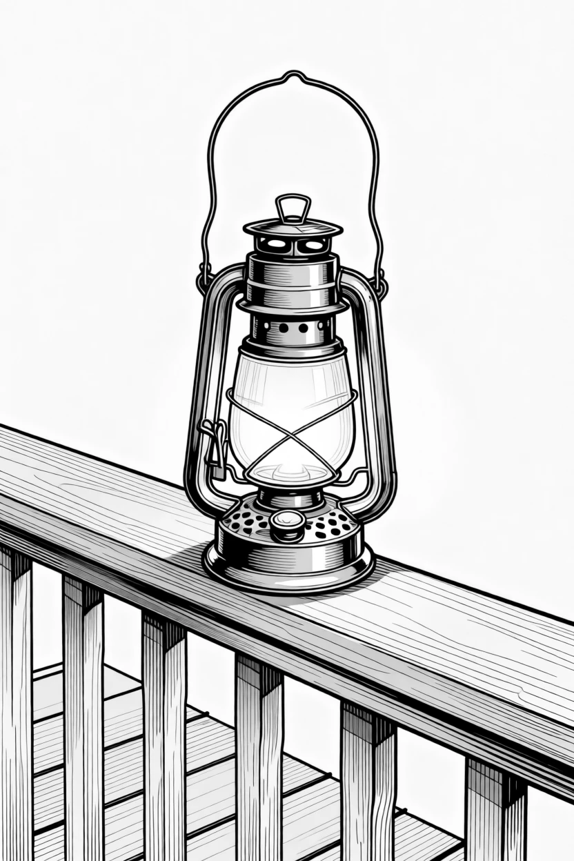 A vintage lantern glowing softly on a porch railing at dusk