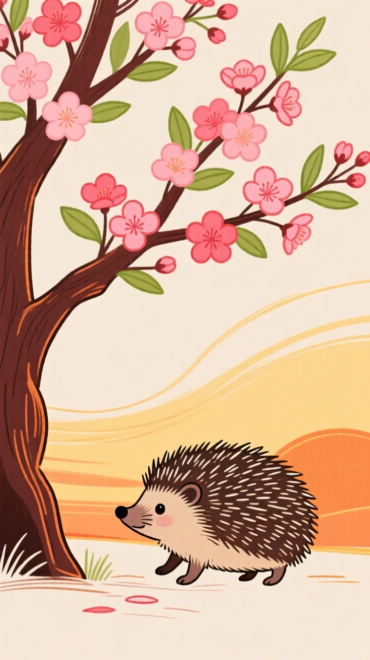 A small hedgehog wandering under a blossoming tree at sunset.