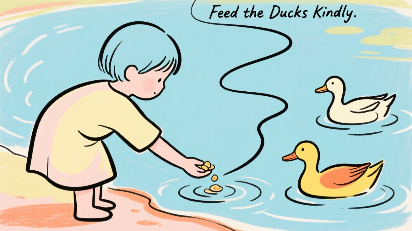 A child feeding ducks at a pond