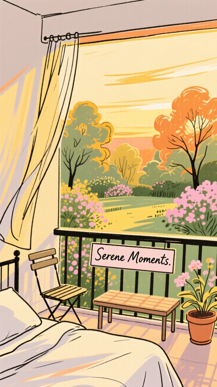 A peaceful bedroom balcony overlooking a garden at golden hour.