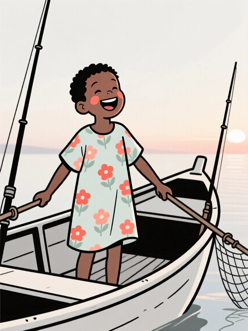 A nine-year-old boy of Ethiopian heritage in a floral summer dress, laughing joyfully, on a fishing boat at dawn.
