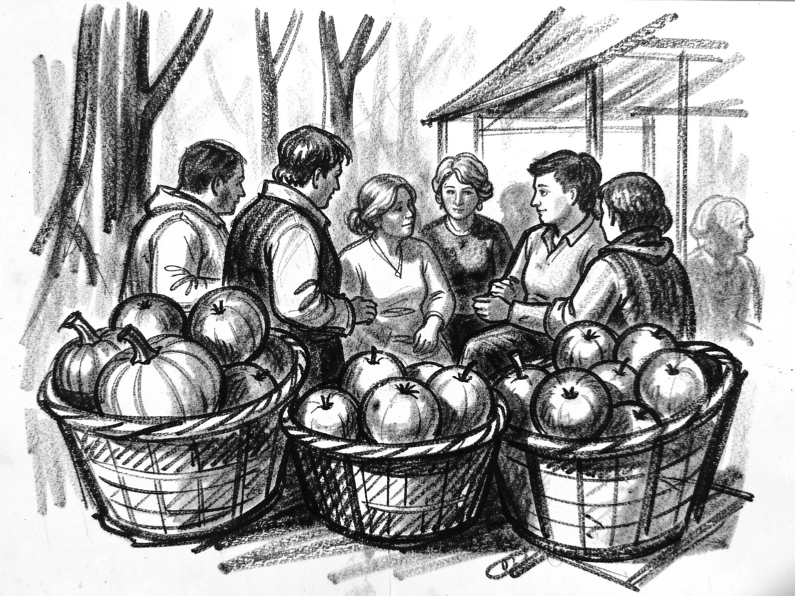 A harvest festival with baskets of pumpkins and apples, in a moment of quiet togetherness.