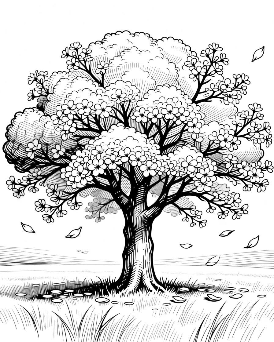 A single tree in full bloom standing alone in an open field, petals drifting gently on the breeze.