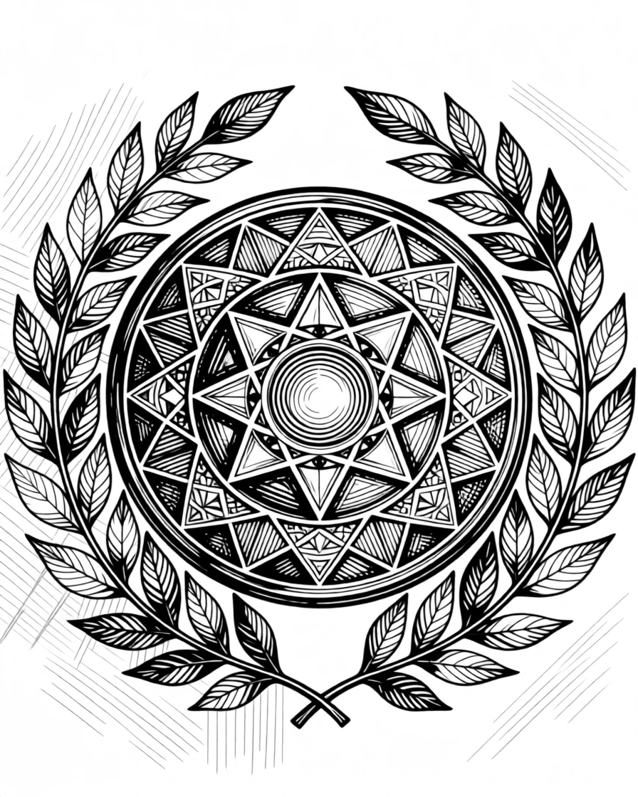 A decorative medallion framed by laurel branches composed with careful geometric precision, with a subtle repetition of shapes throughout, forming a gracefully composed decorative composition.