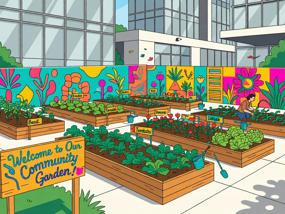A colorful community garden with raised beds and cheerful signage, surrounded by colorful street art and modern architecture, composed with a candid, lifestyle-magazine feel, with vibrant, trendy colors that feel fresh and current.